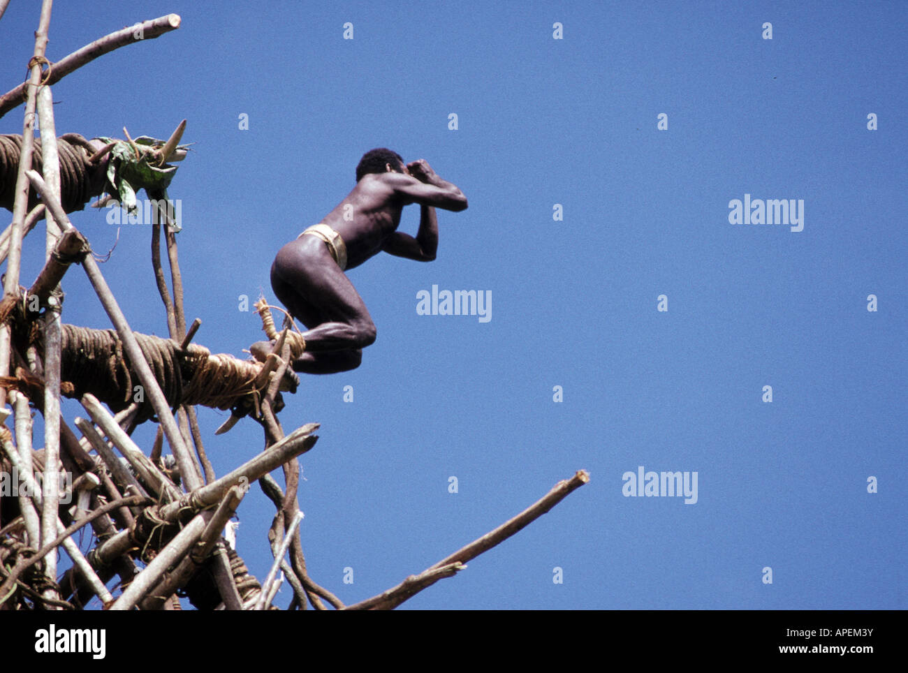 Oceano Pacifico, Vanuatu, Isola di Pentecoste, nativo Islander saltando dalla piattaforma Foto Stock