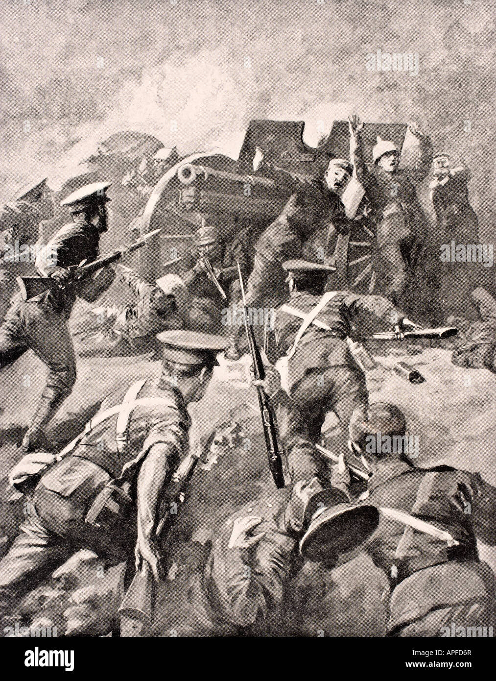 I soldati britannici a baionetta caricano i pistoleri tedeschi durante la prima guerra mondiale Foto Stock