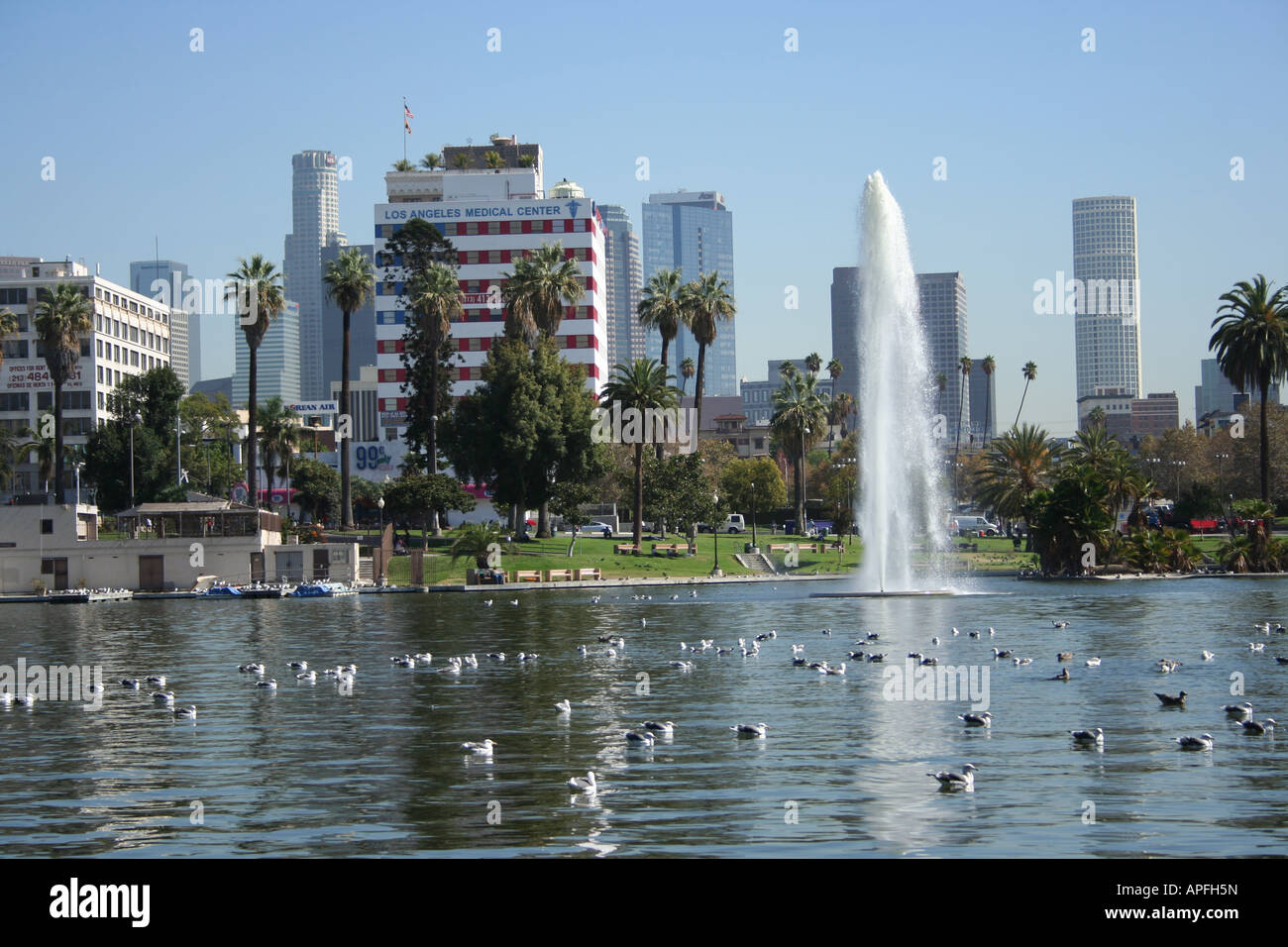 Fontana e il lago in Macarthur Park Los Angeles skyline Ottobre 2007 Foto Stock