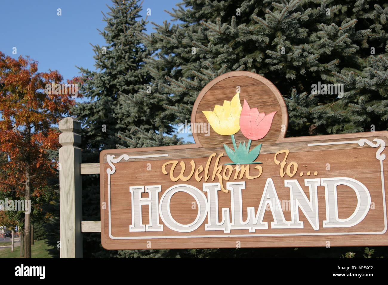 Michigan Holland,informazioni,trasmissione,pubblicare,messaggio,pubblicizzare,tulipani,influenza olandese,i visitatori viaggiano tour turistico t Foto Stock