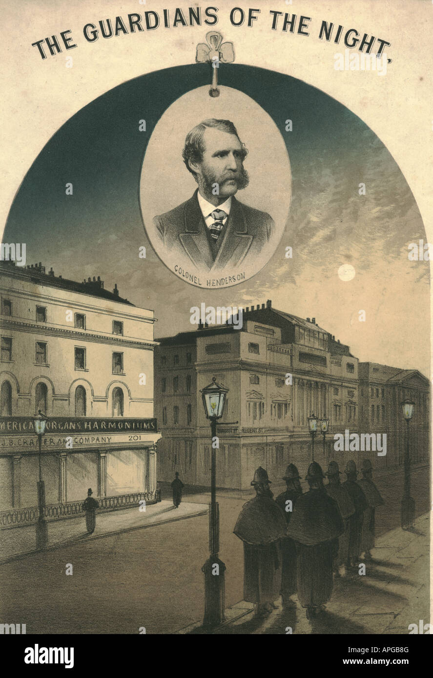 Spartiti pittorici coprono i Guardiani della Notte intorno al 1875 mostrando la pattuglia della polizia in una vuota strada londinese Foto Stock