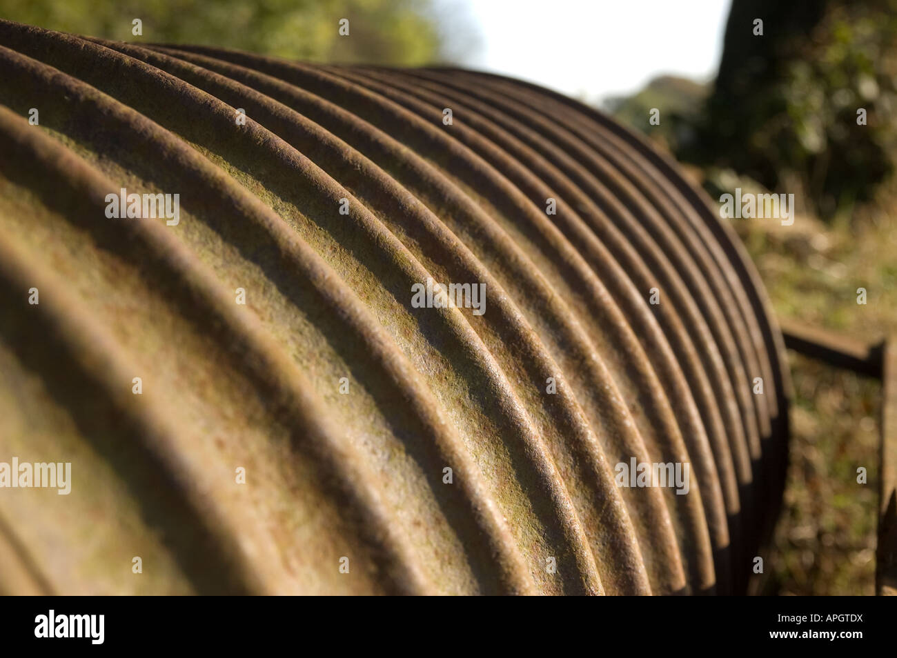 Attrezzature agricole, rullo o fino a un campo in una giornata di sole Foto Stock