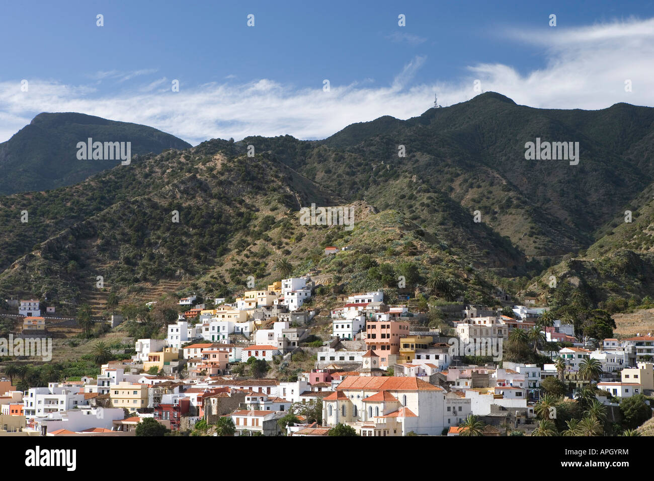 Spagna Isole Canarie La Gomera, vista del piccolo villaggio Vallehermoso Foto Stock