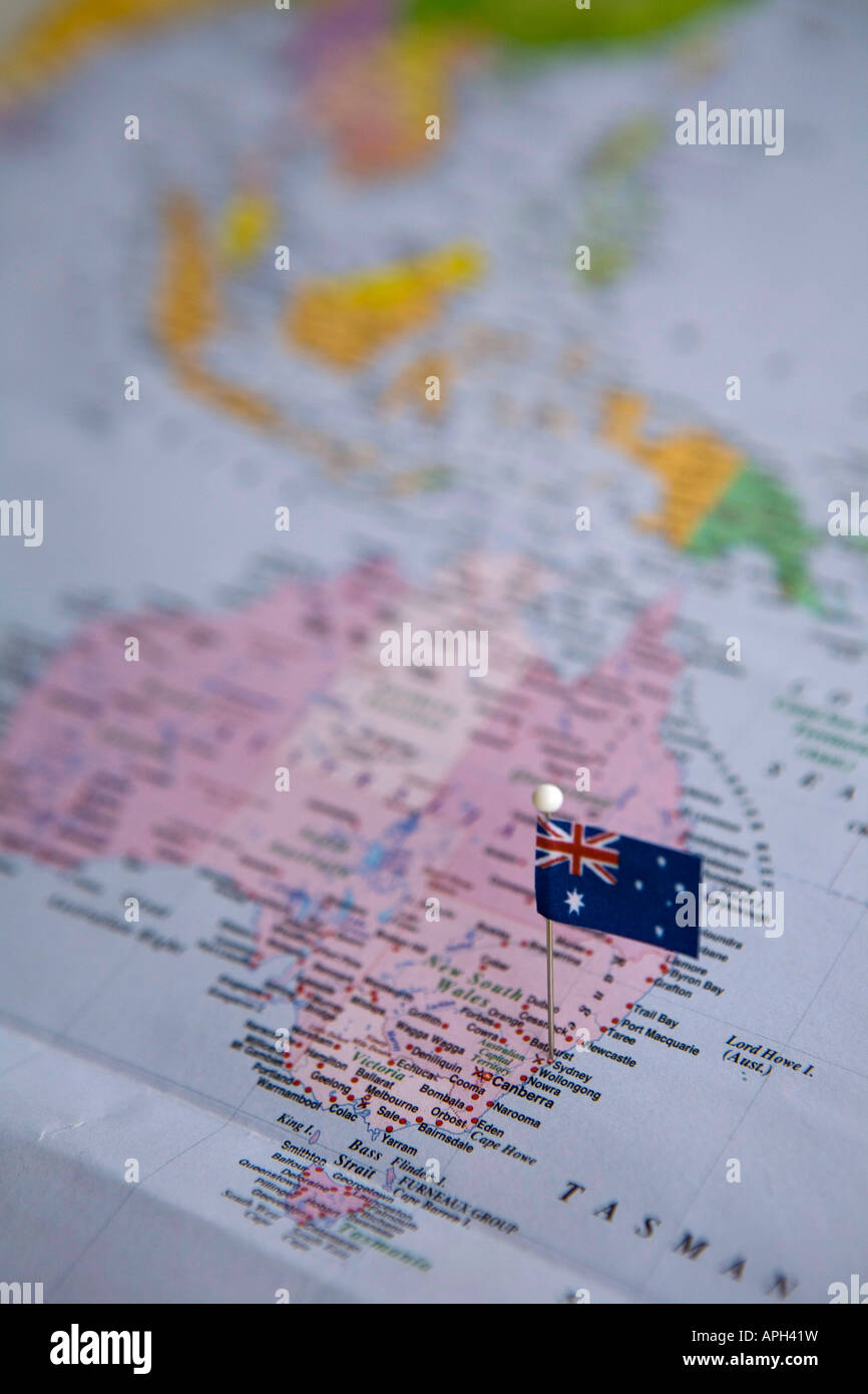 Bandiera perno posto sulla mappa del mondo in Sydney Australia Foto Stock