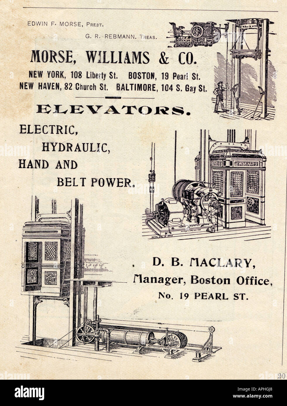 1900 pubblicità per morse, Williams & Co. di elevatori, venduto da D.B. Maclary di Boston, MA. Foto Stock