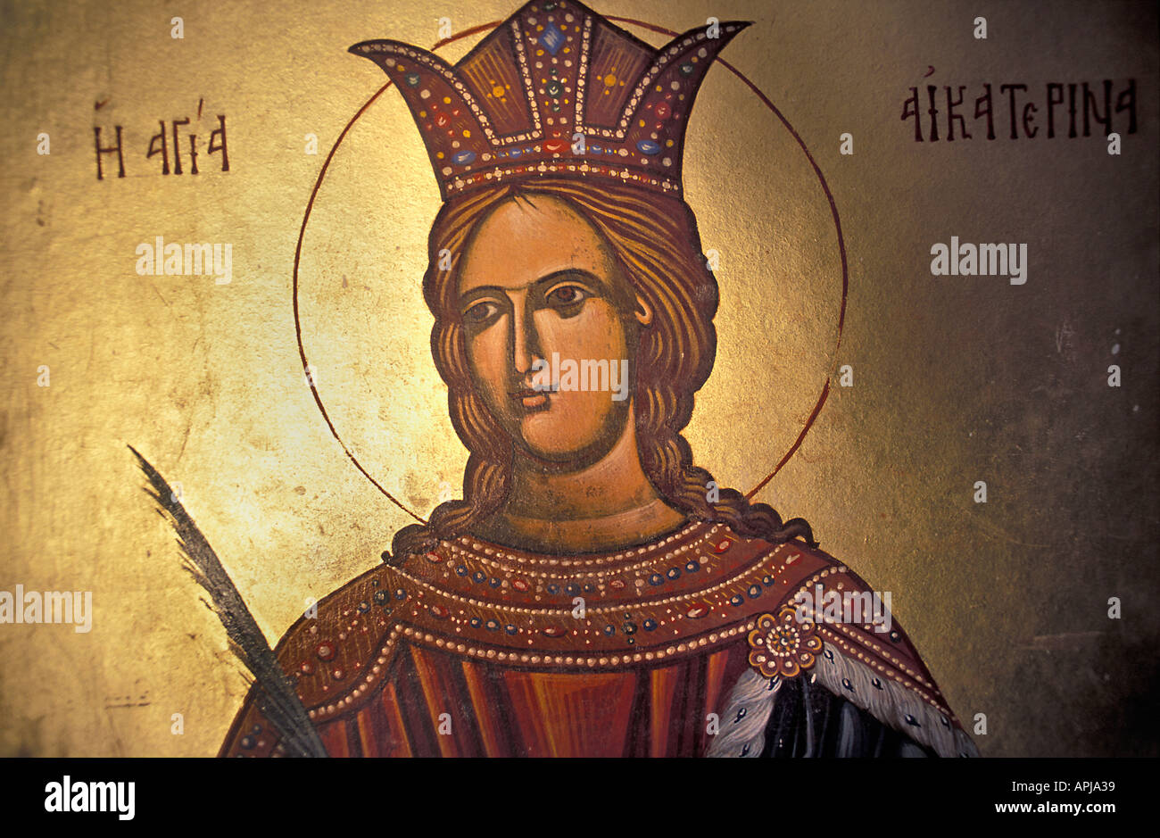 Icona dipinta di Santa Katherine Ai Katerina in una cappella Rethymnon Creta Grecia mediterraneo Foto Stock