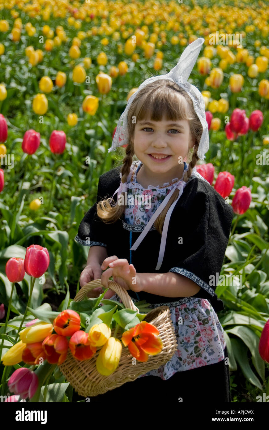 Ragazza giovane azienda un tulipano cesto in un campo di tulipani Foto Stock