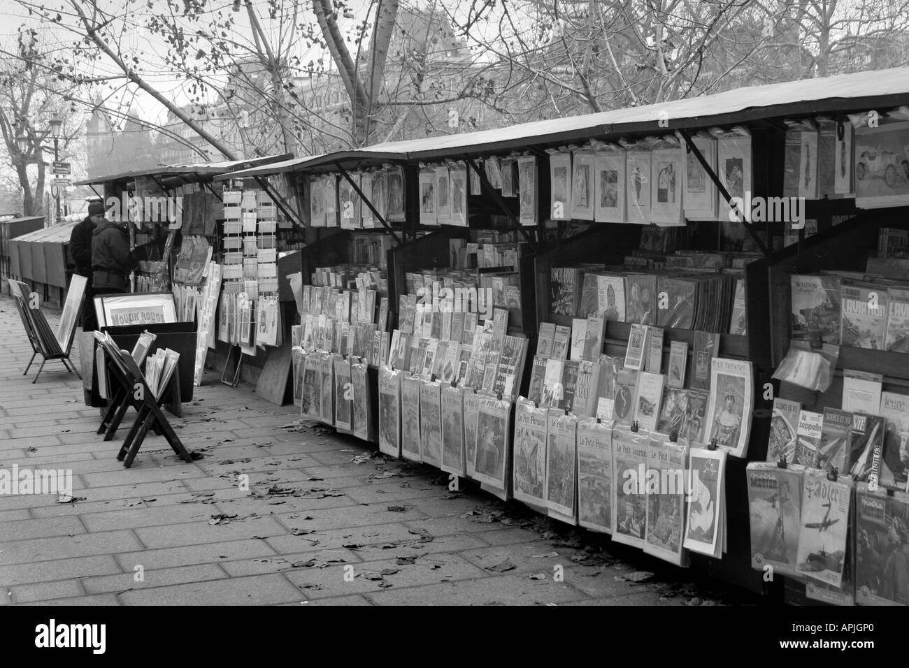 Librai bancarelle lungo argine fiume Senna a Parigi Foto Stock