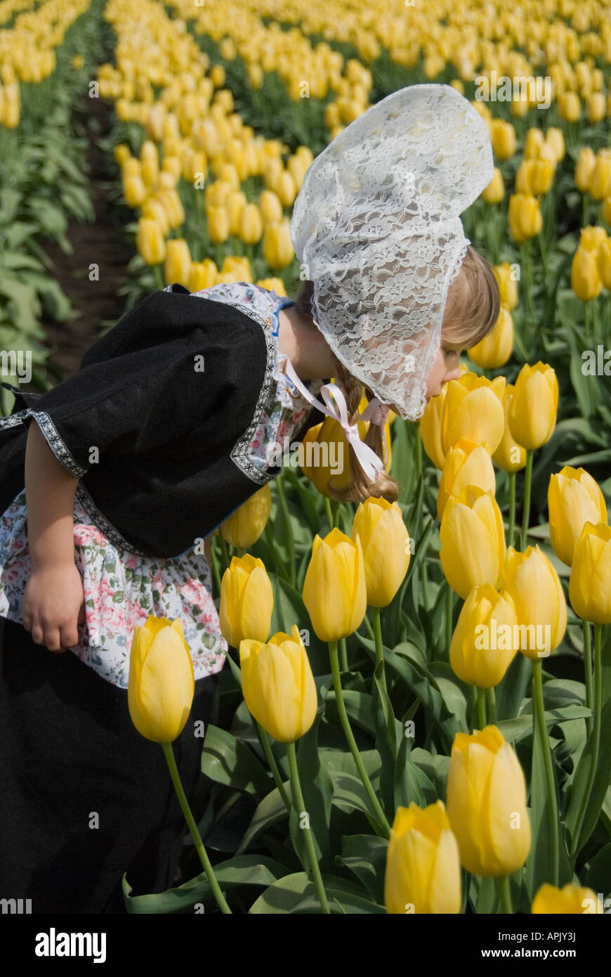 Giovane ragazza olandese odore di tulipani gialli Foto Stock