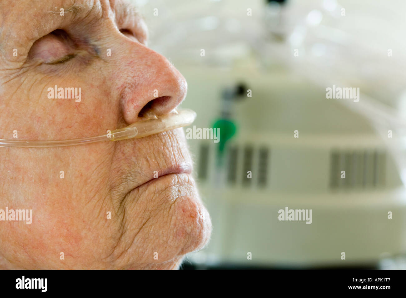 80-anno-vecchia donna con ossigeno cannula nasale nel suo naso in ospedale Foto Stock