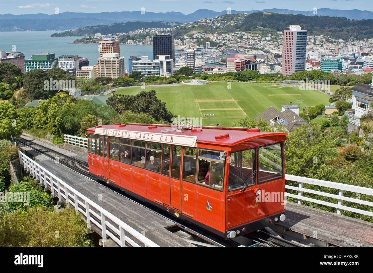 Wellington cable car e la vista della città, Nuova Zelanda Foto Stock