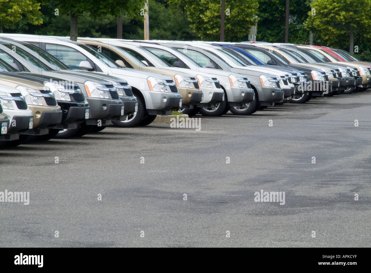 Nuove vetture parcheggiate in concessionaria auto Parcheggio Foto Stock