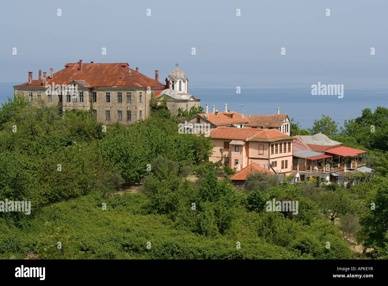 Una cella kellion a Karyes, Monte Athos, Halkidiki, Grecia Foto Stock
