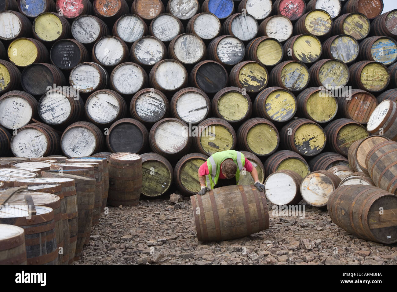 Pile di Whisky di barili a Speyside Cooperage, Centro Visitatori, Craigellachie, Aberlour, Banffshire, Grampian Scotland Regno Unito Foto Stock