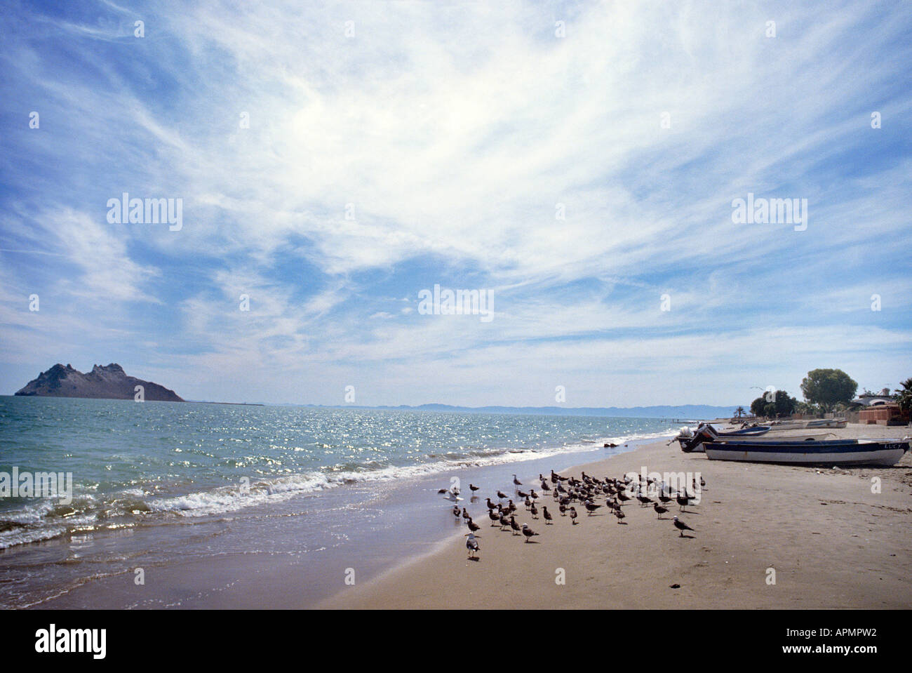 Wispy nubi sparse in tutto il cielo sopra la spiaggia di Bahia Kino Foto Stock