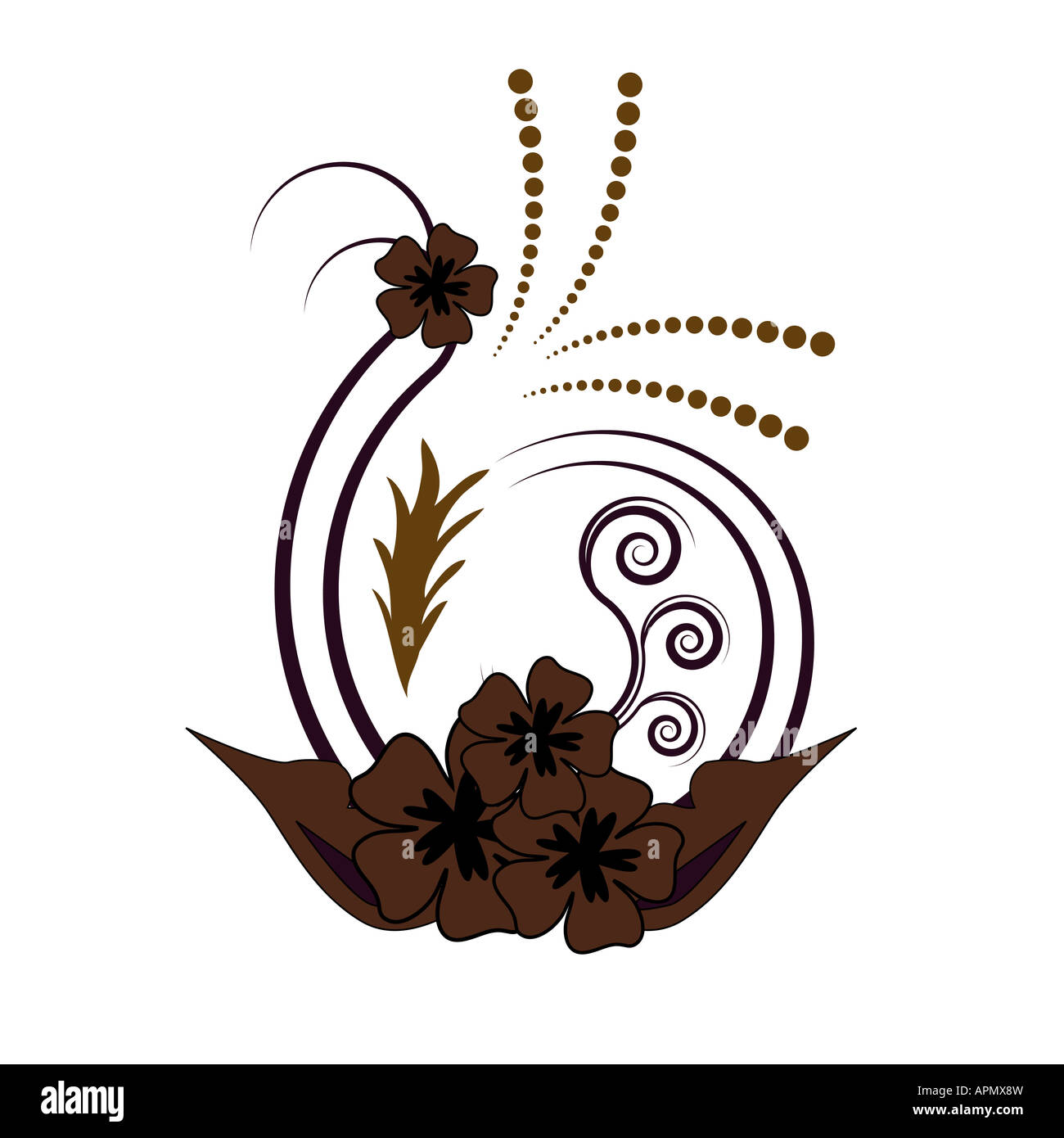 Bella brown curly floral flower design vettoriali Foto Stock