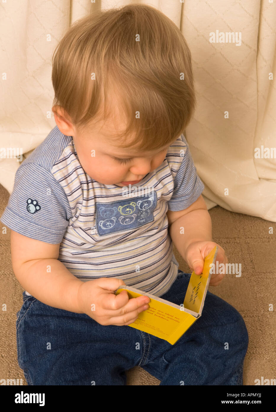 Bambino di undici mesi guardando il piccolo libro Foto Stock