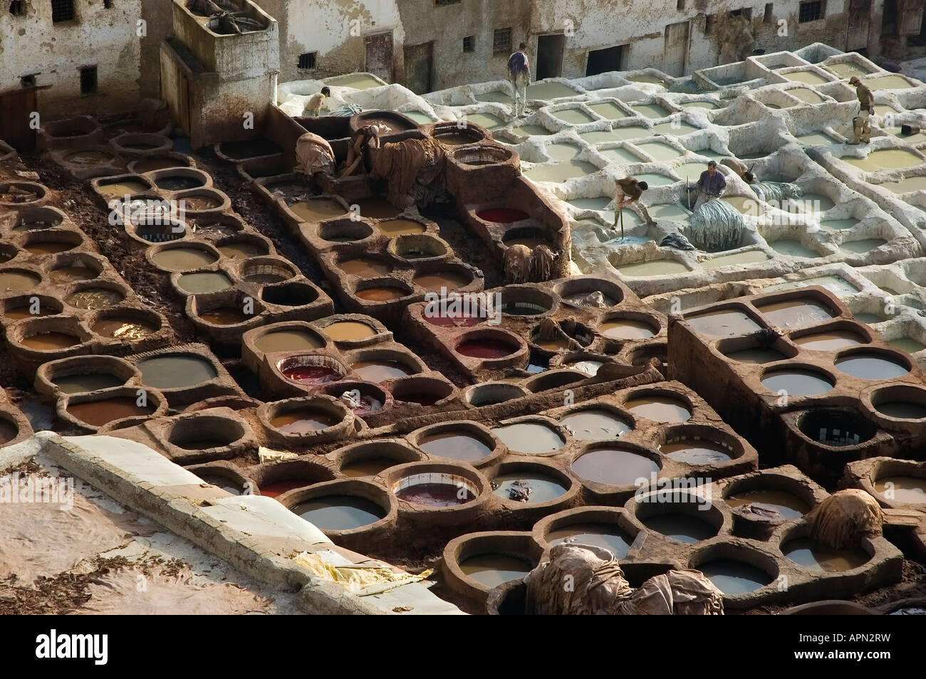 L'antico complesso delle concerie e loro vasche nel Fes el Bali Marocco Foto Stock