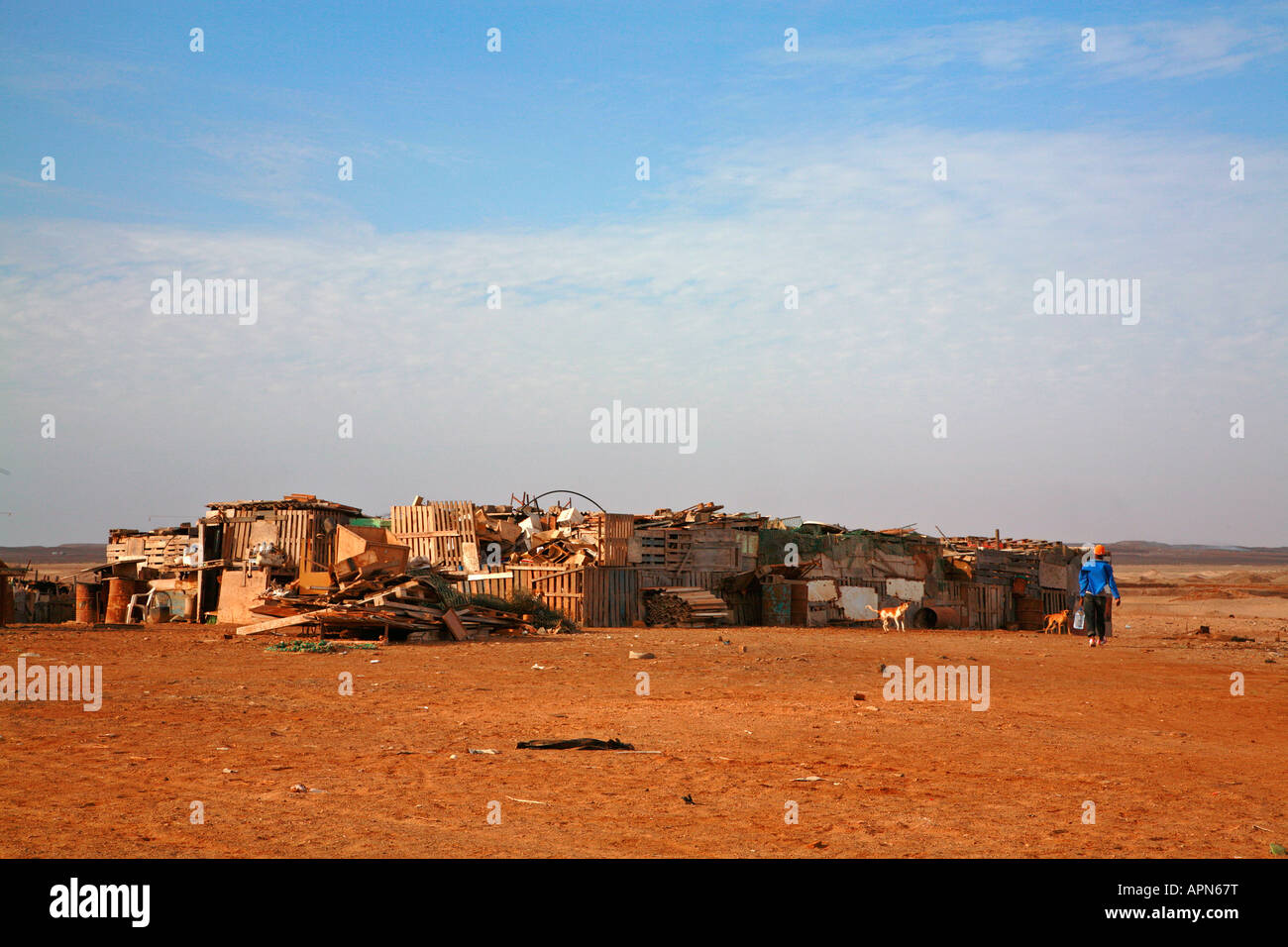 Casa a piedi per le baracche di legno dietro la stazione turistica di Santa Maria a Sal nelle isole di Capo Verde Foto Stock