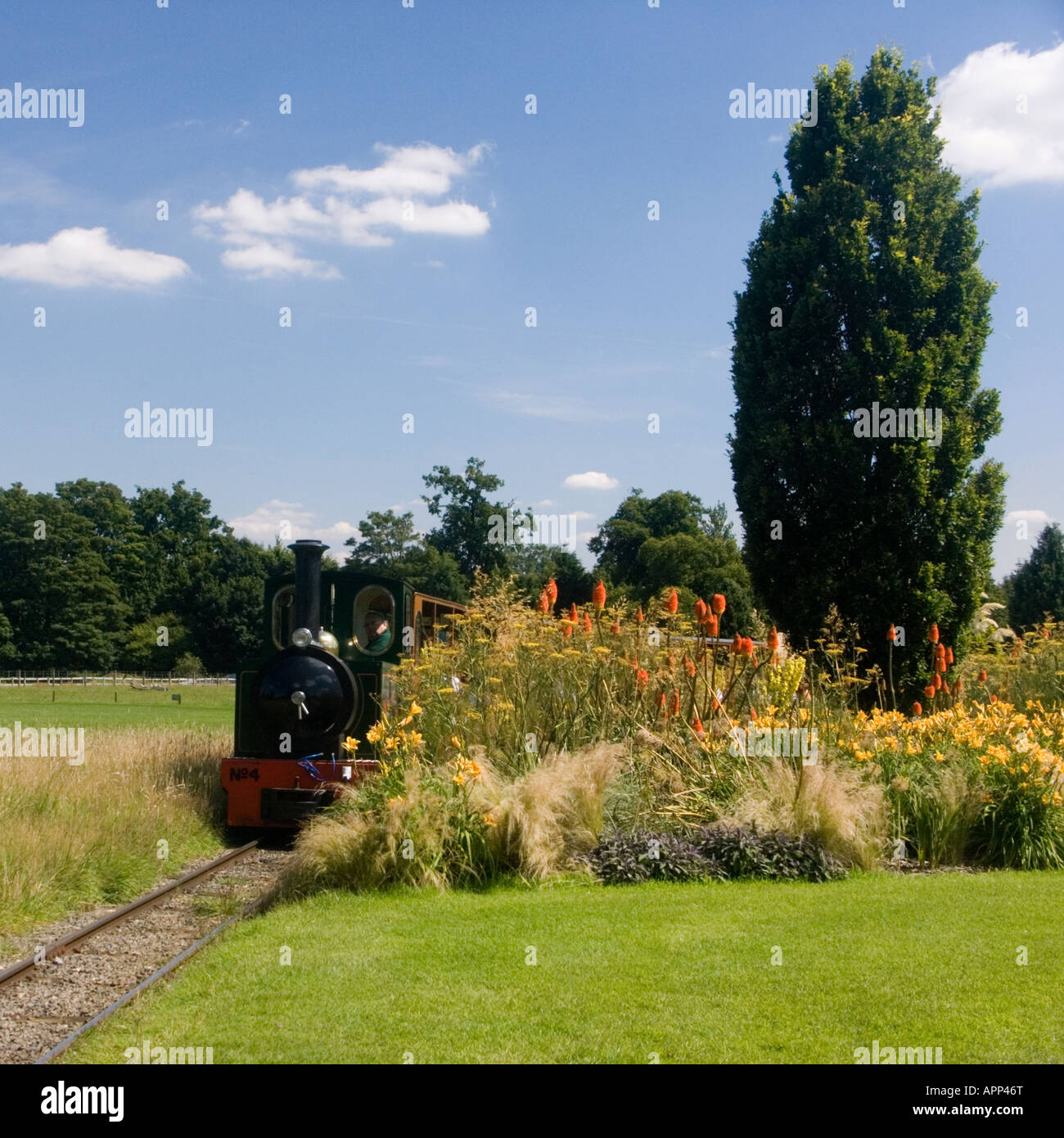 Miniatura locomotore ferroviario esegue una curva in giardini paesaggistici, Cotswold Wildlife Park Burford Oxfordshire UK Foto Stock