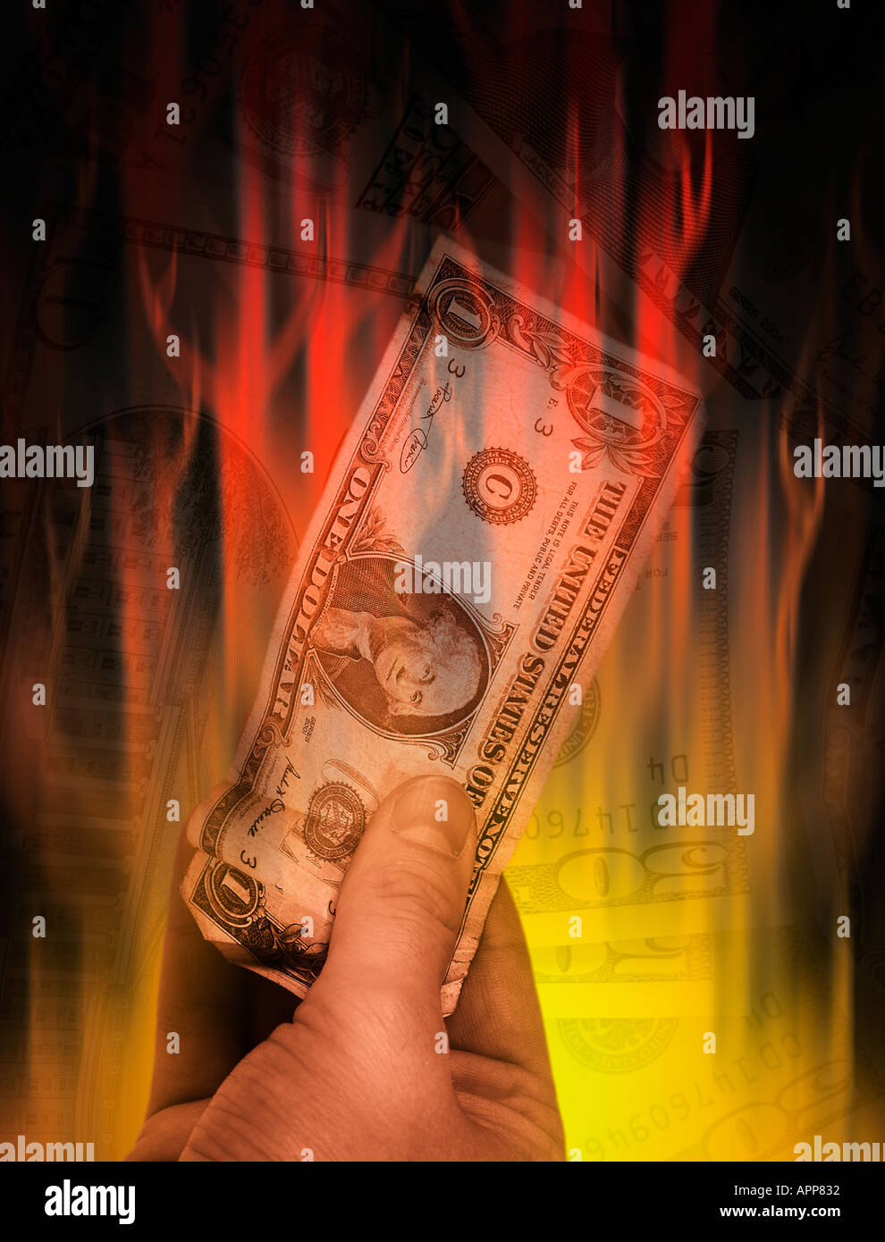 Spreco di denaro sprecando distruggere bad buisness trattare perdita di profitto fiamma di investimento fuoco bruci flash di calore ember rosso arancio leccare hot inferno Foto Stock