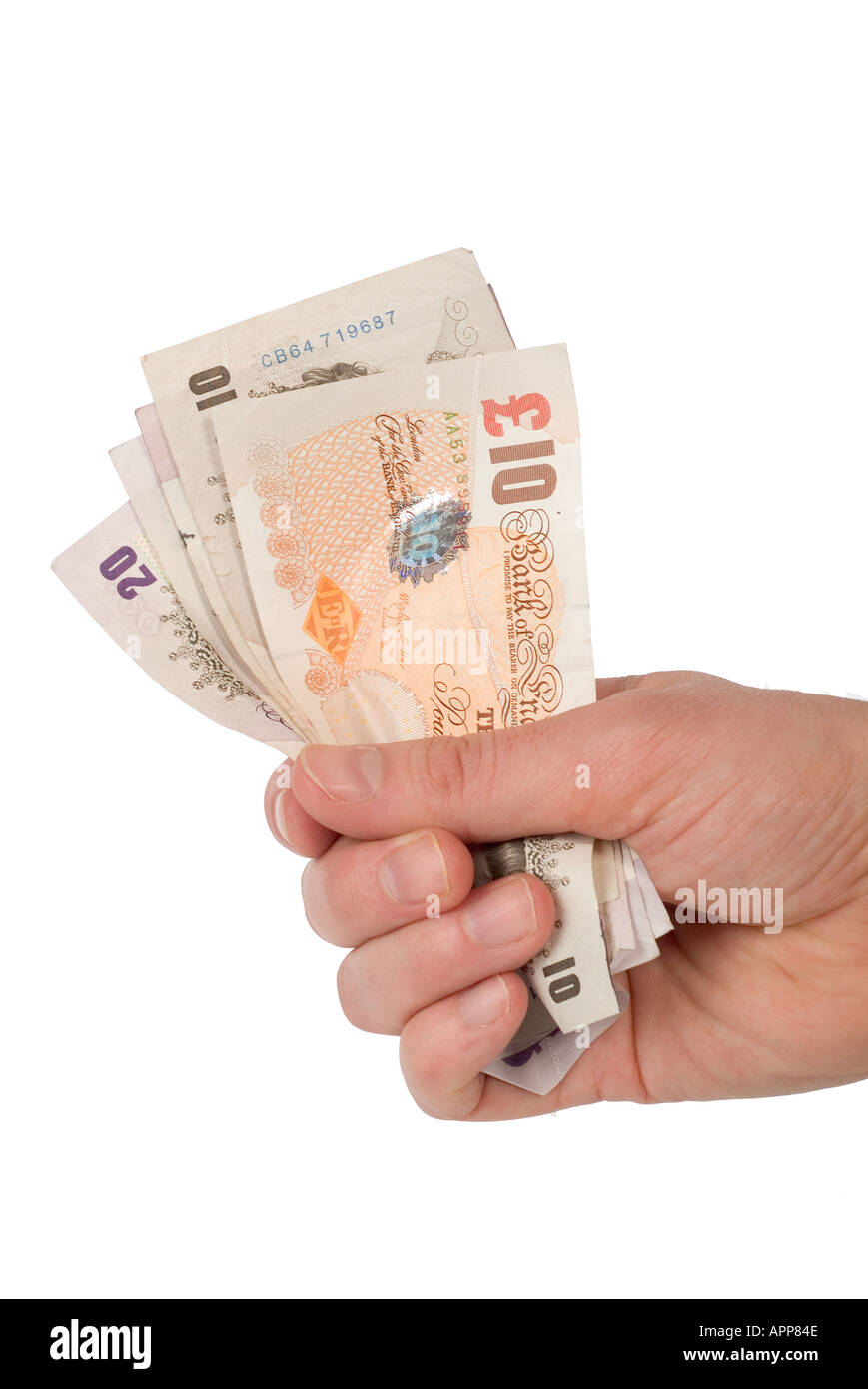 Denaro contante impasto folding dollar pound tasso di cambio trascorrere comprare pagare in contanti in mano soldi in tasca portafogli pugno pieno ricco Foto Stock