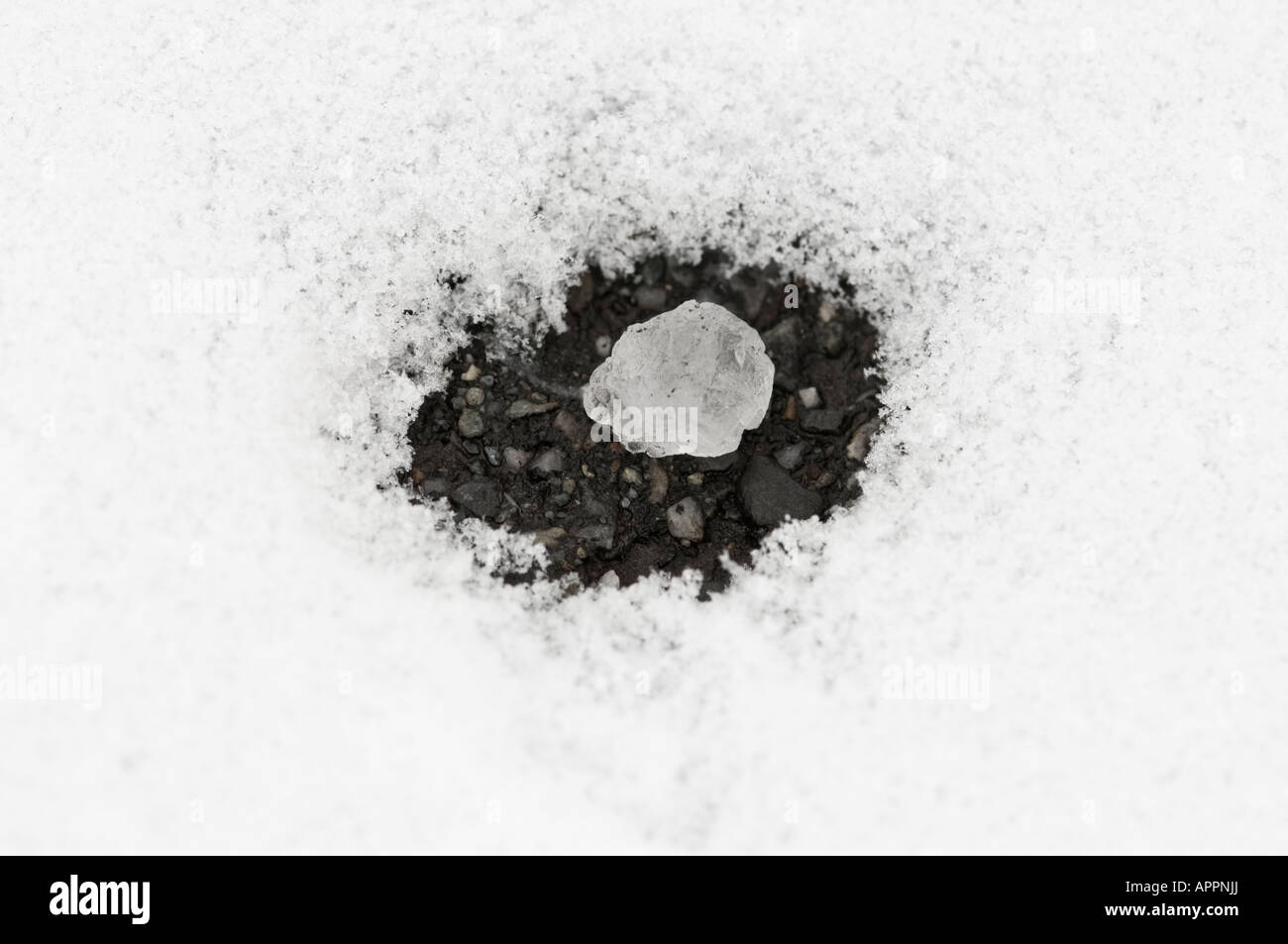 Un nocciolo di fusione del sale di distanza di polvere fresca neve su una carreggiata stradale. Foto Stock