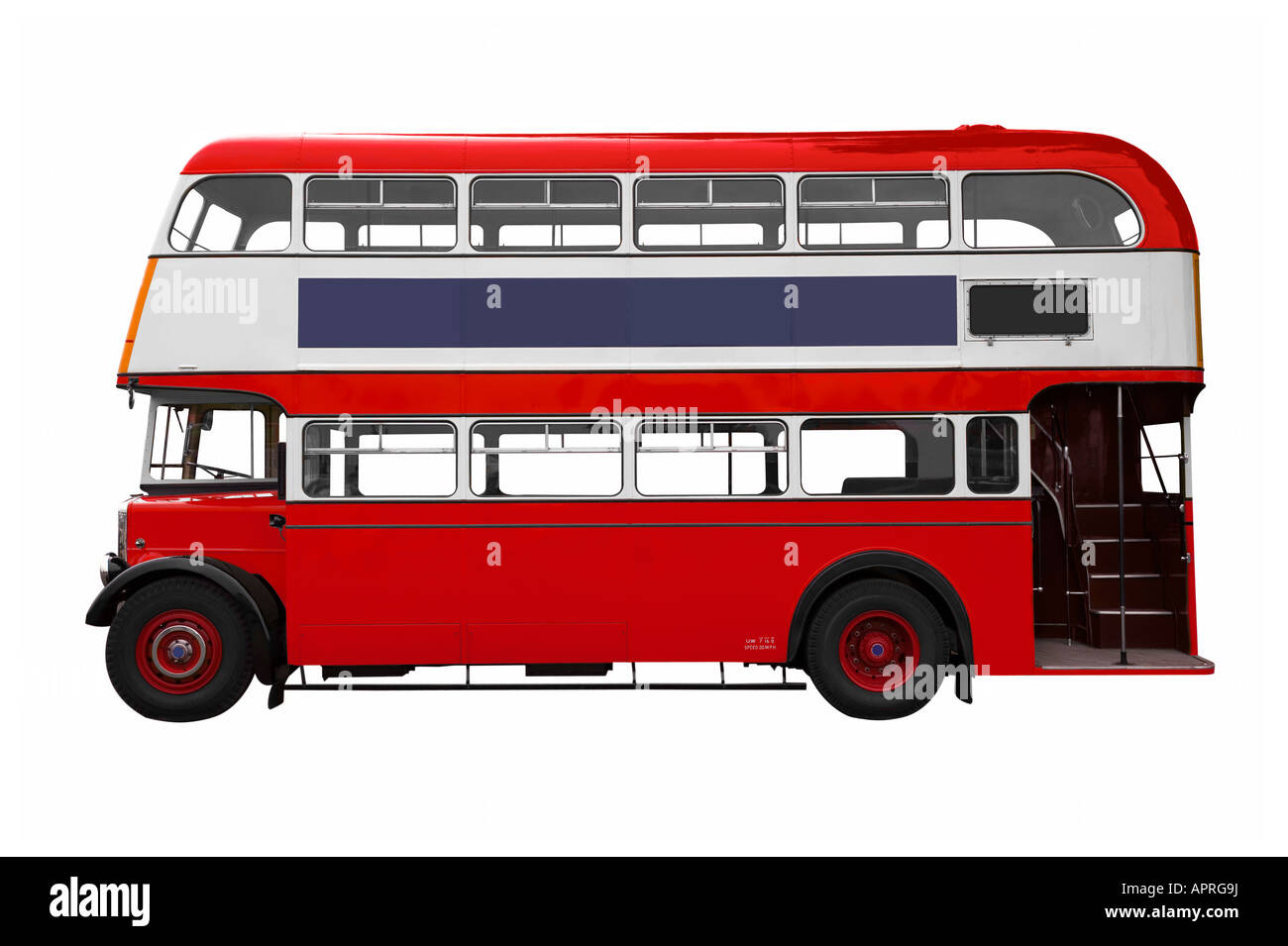 Vintage bus rosso a due piani isolato su bianco Foto Stock