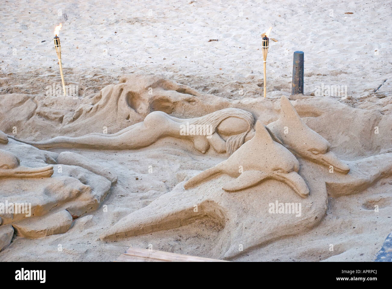 La scultura di sabbia sulla spiaggia Foto Stock