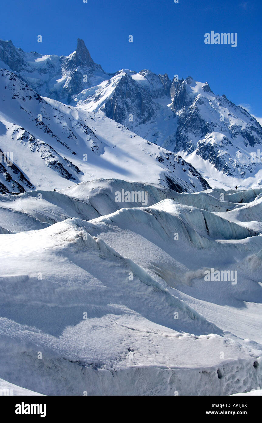 Dent du Geant, il ghiacciaio Mer de Glace, Chamonix Haute Savoie Francia Foto Stock