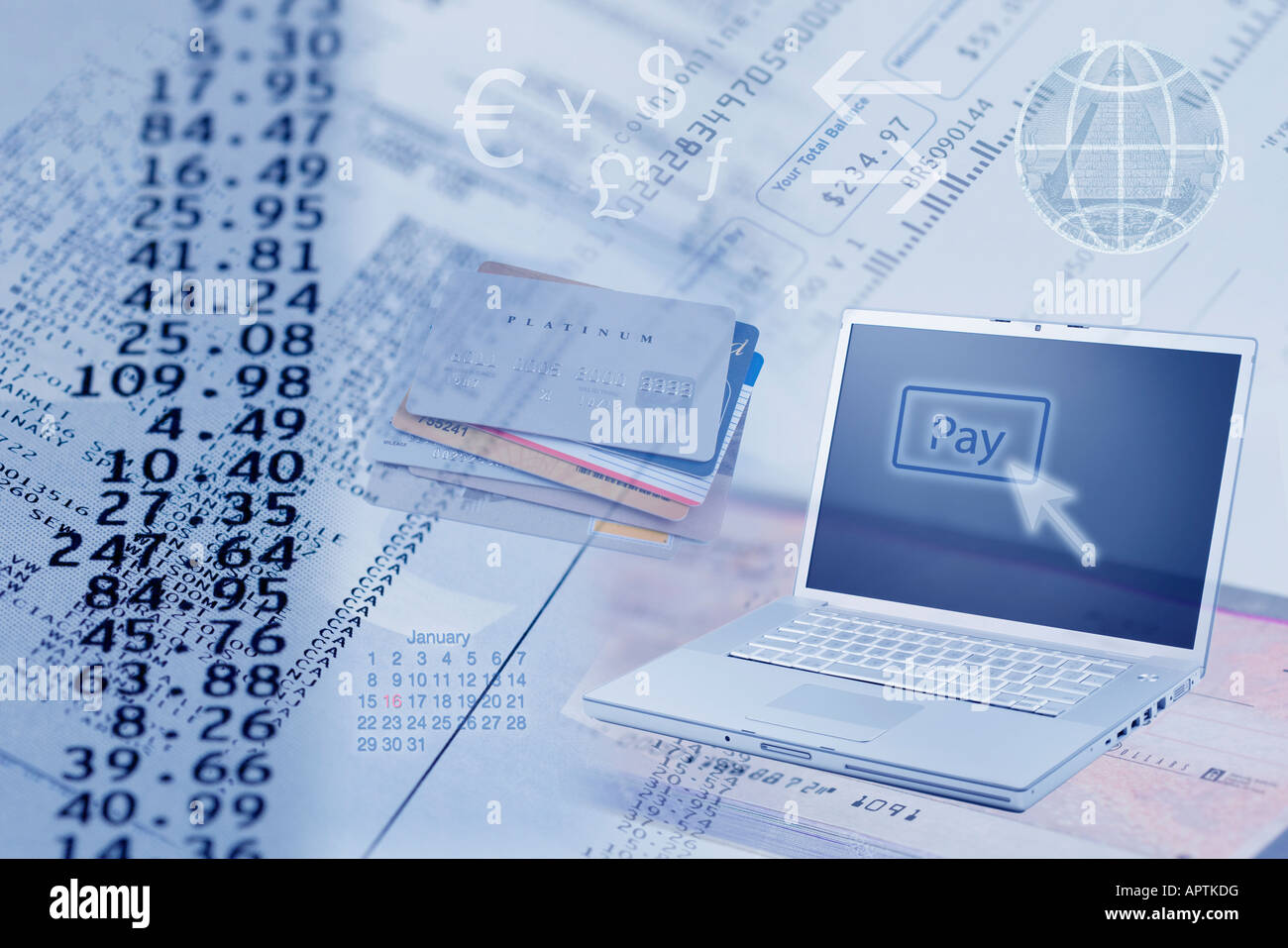 Concetto di foto online banking e pagare le fatture elettronicamente tramite il computer Foto Stock