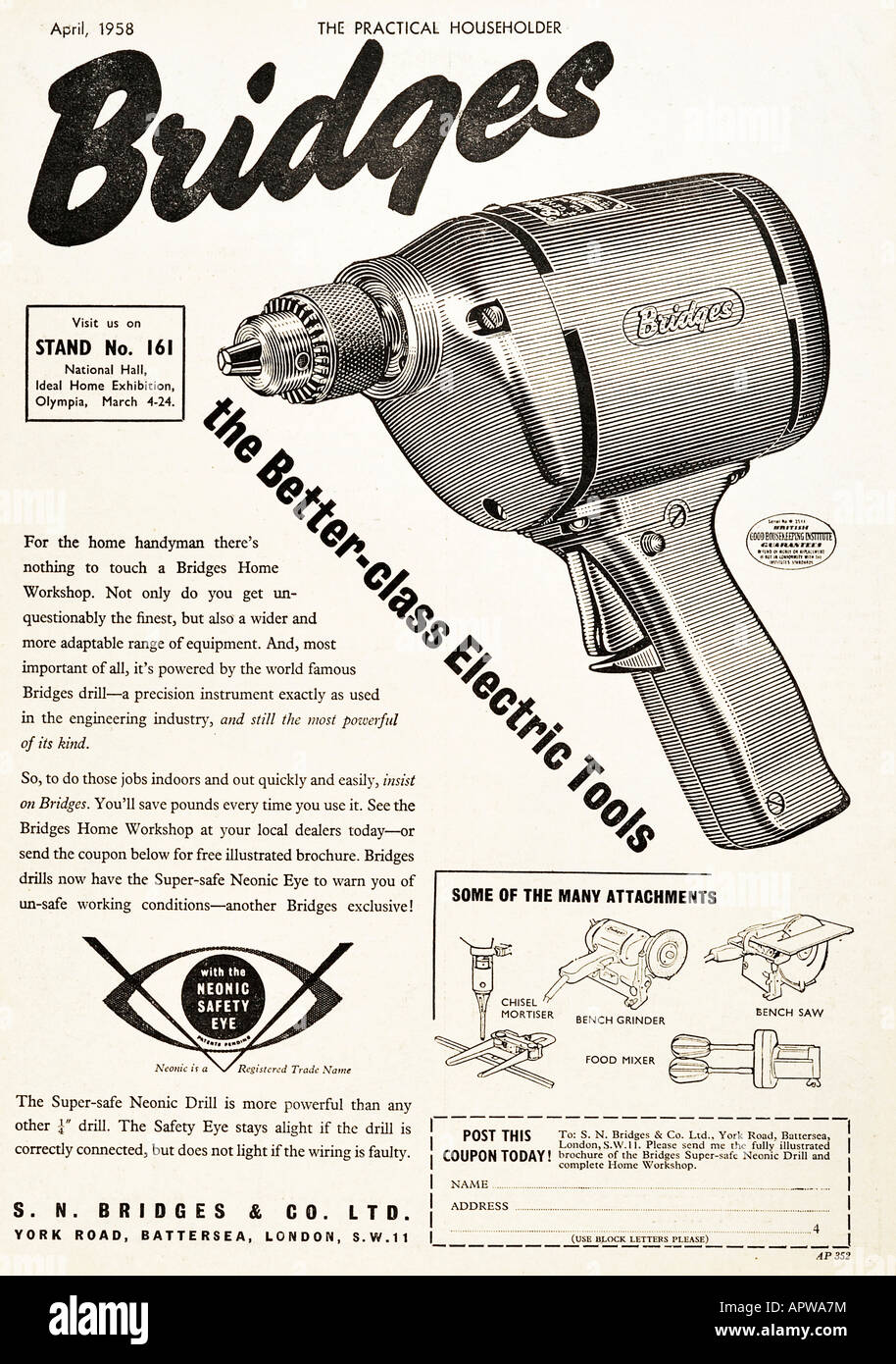 Pubblicità per ponti di utensili elettrici 1958 per solo uso editoriale Foto Stock