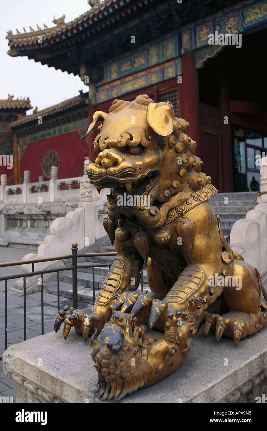 Golden Leone di Bronzo al cancello del sovrano di purezza, la Città Proibita di Pechino, Cina Foto Stock