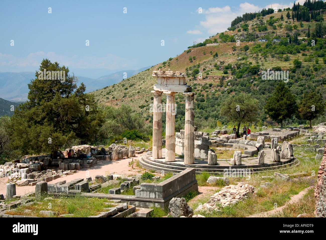 Tempio a tholos, un edificio a pianta circolare in Athena Pronaia Santuario, Delphi, Grecia Foto Stock