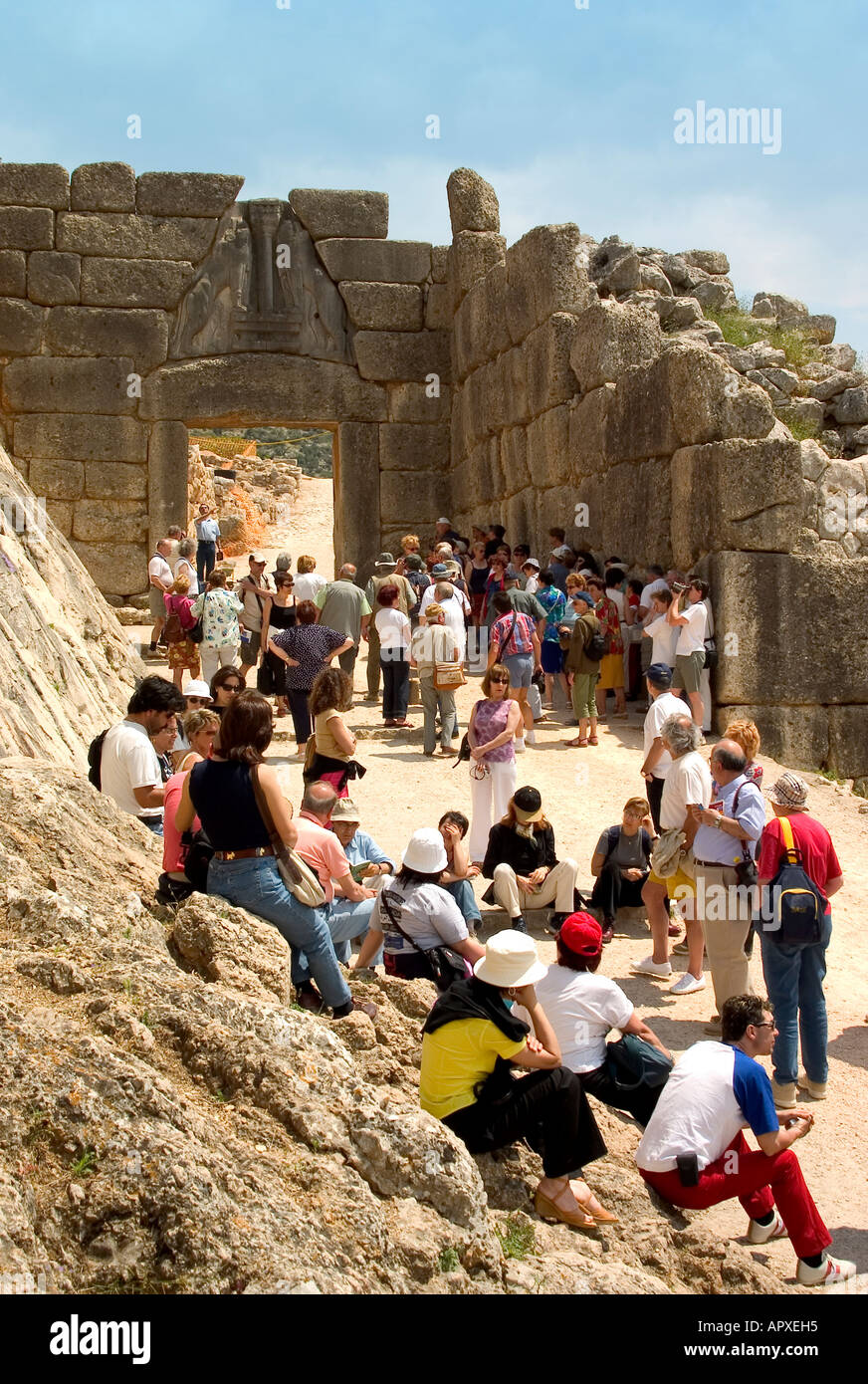 Liongate, muro intorno all'Akropolis di Mykene, Peloponneso, Grecia Foto Stock