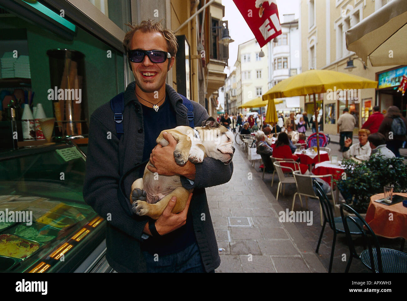 Giovane uomo & Bulldog, a Bolzano Alto Adige, Italia Foto Stock