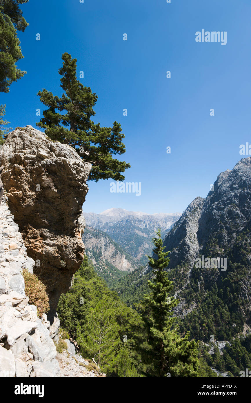 Vista dalla scalinata che conduce giù per la Gola di Samaria Gorge National Park, Lefka Ori, Provincia di Chania, Creta, Grecia Foto Stock