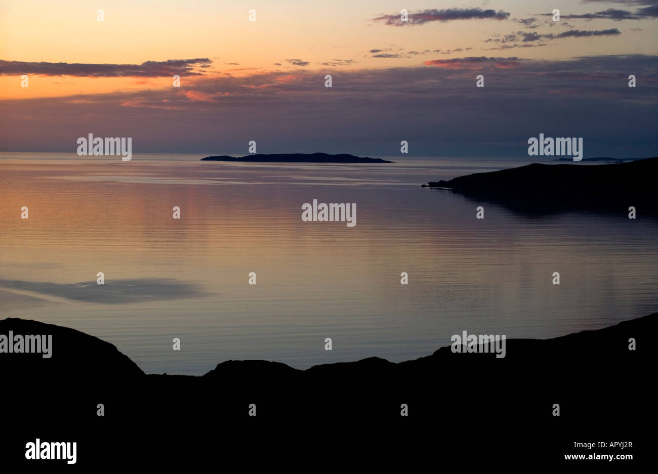 Tramonto sulla baia di Gruinard e Isola, Wester Ross, North West Highland Scozia Scotland Foto Stock