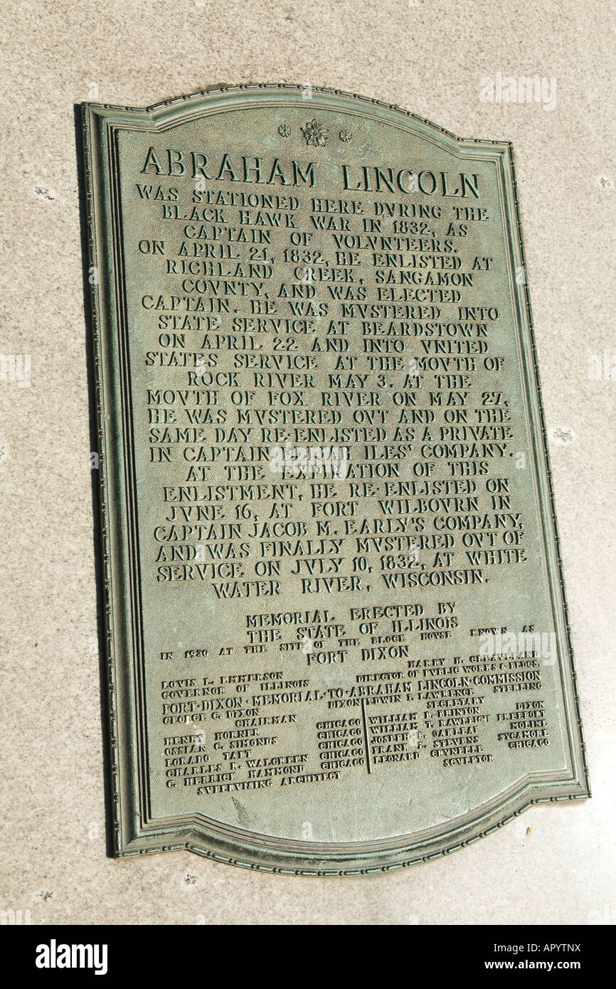 ILLINOIS Dixon placca storico dettagli su abramo Lincoln federale servizio militare Black Hawk War Foto Stock