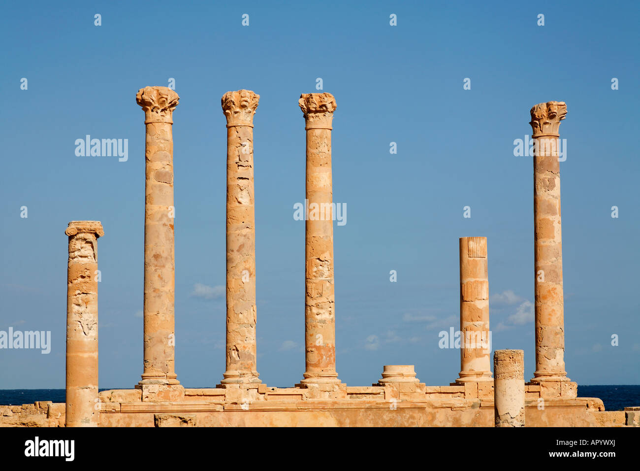 Colonne romane del Antonine tempio a Sabratha Libia Foto Stock