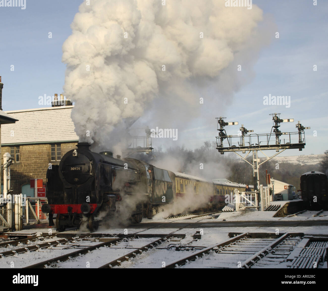 Motore a vapore in inverno North York Moors Grosmont Ferroviaria Nord Yorkshire Foto Stock