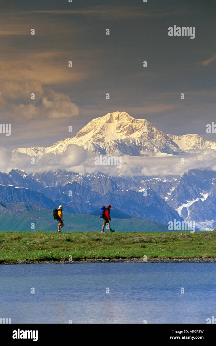 Gli escursionisti sulla Tundra in stato di Denali Park SC Alaska Estate w/Mt McKinley sfondo Foto Stock