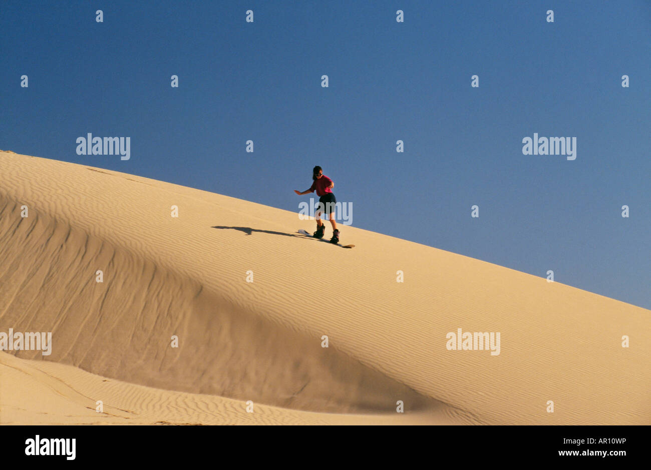 Una donna scivola sul pendio di una duna di sabbia nel deserto Foto Stock
