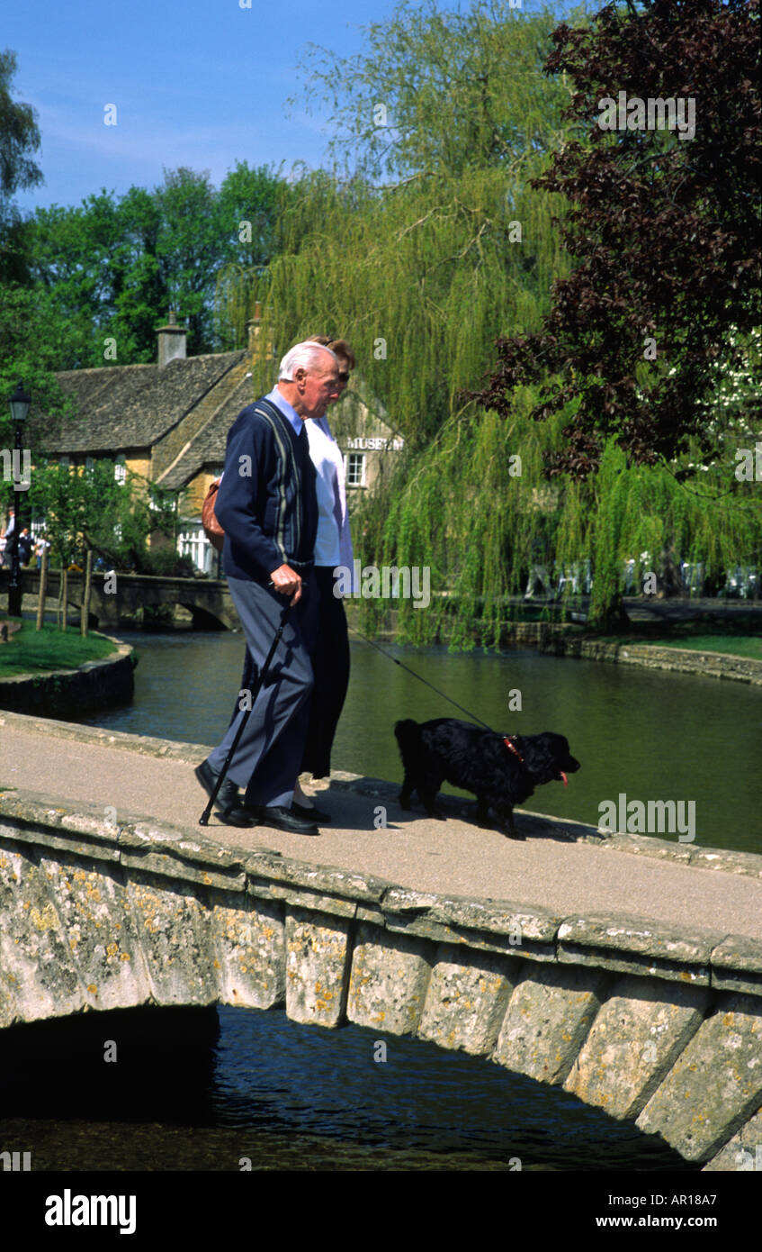 Passeggiate con il cane, Bourton-on-the-acqua Cotswolds Inghilterra Foto Stock