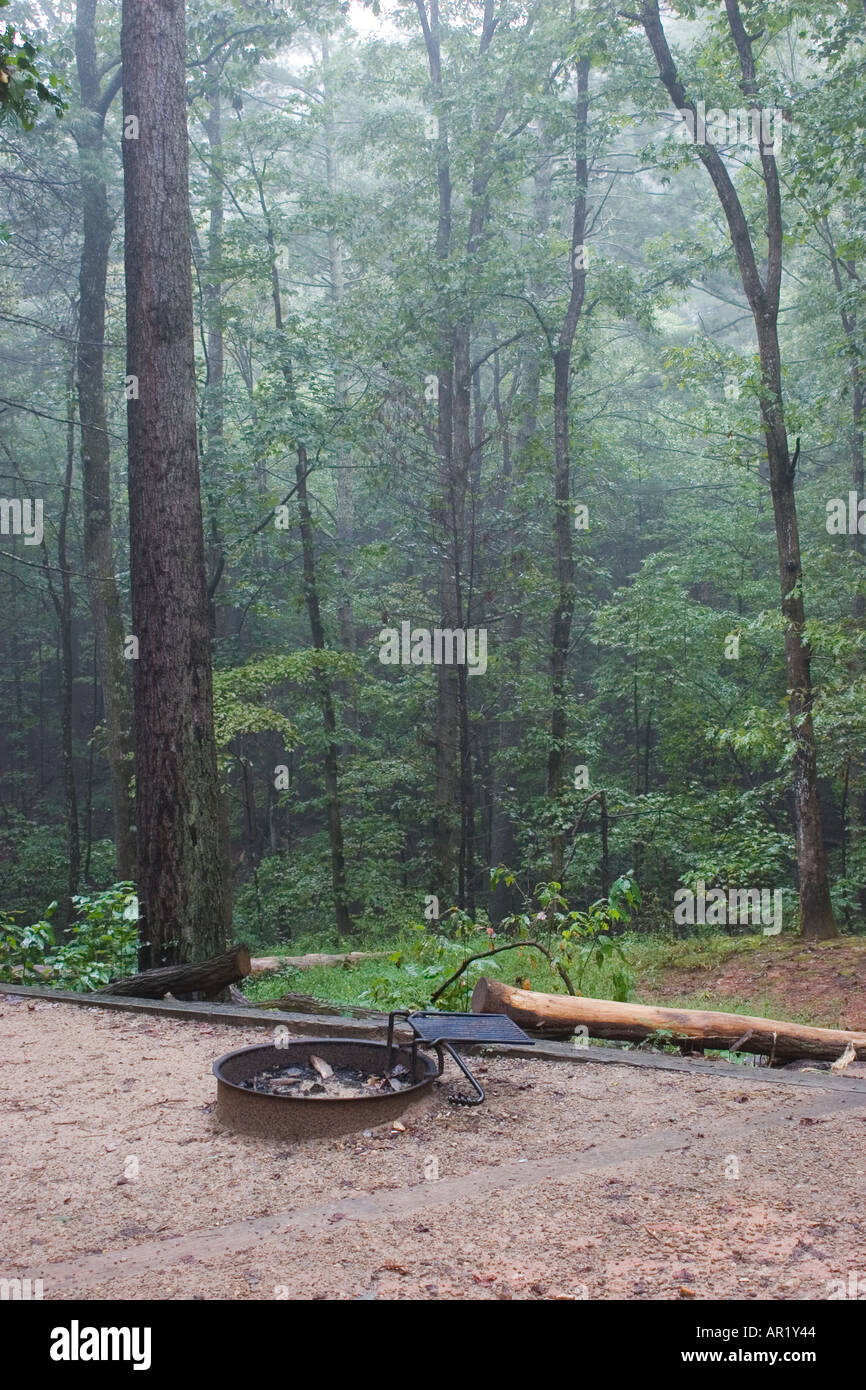 Campeggio con una buca per il fuoco nella nebbia mattutina a Unicoi State Park in North GEORGIA, STATI UNITI D'AMERICA Foto Stock