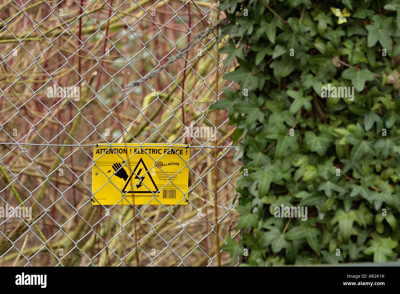 Simbolo giallo di avvertimento sul recinto elettrico Foto Stock