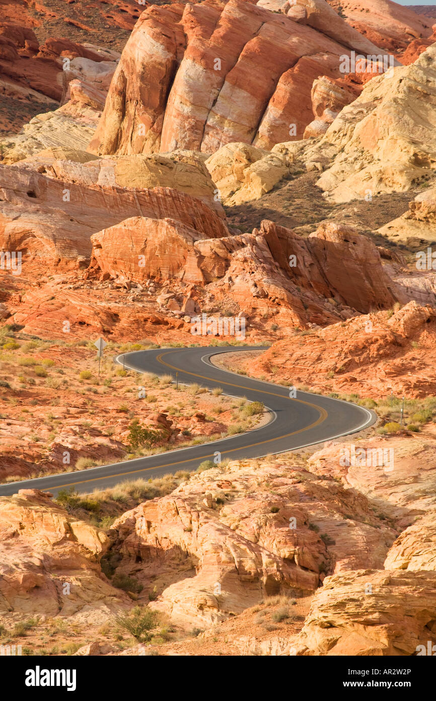 La strada si snoda attraverso il Parco della Valle di Fire State Nevada Foto Stock