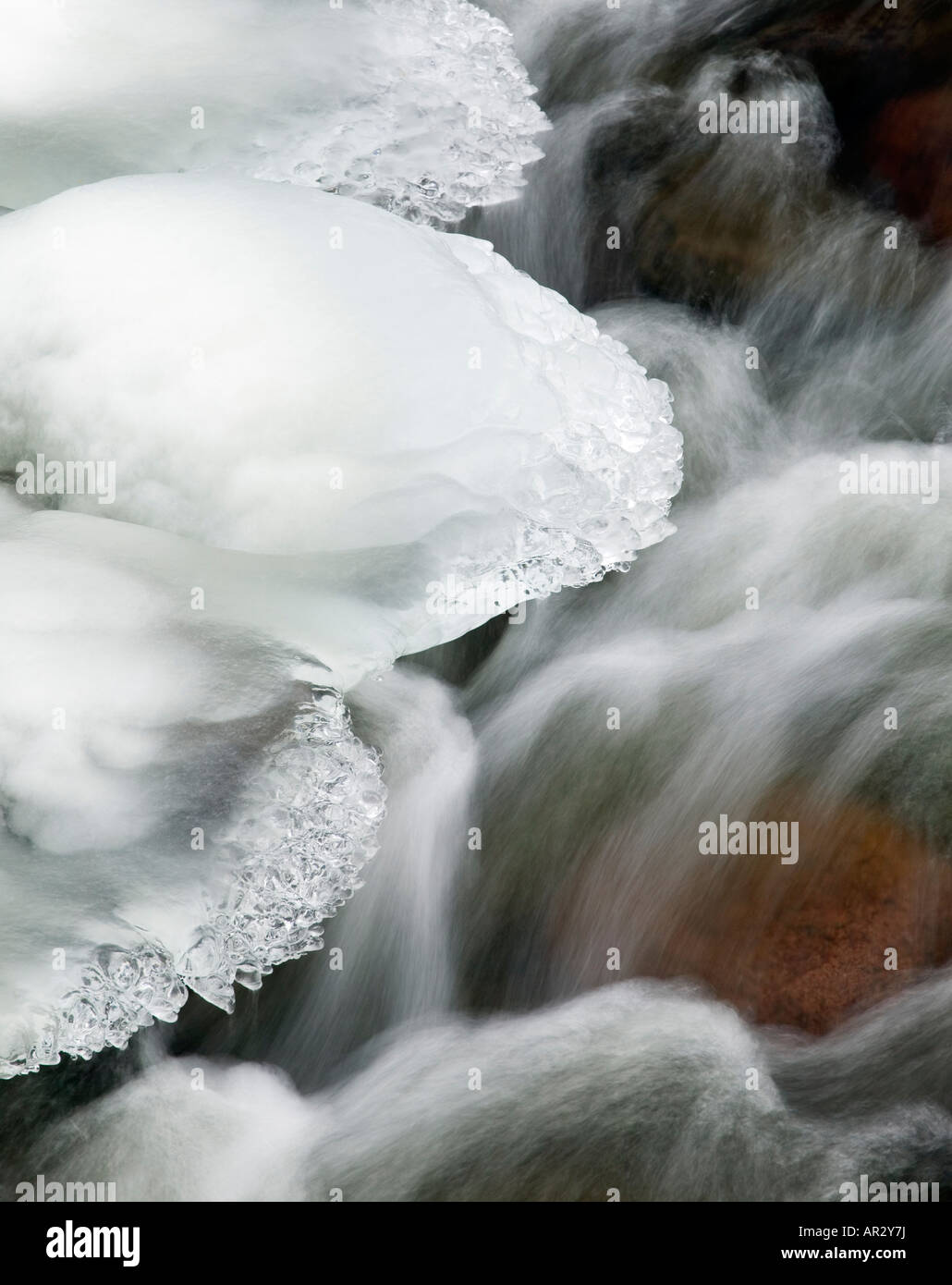 Dettaglio del ghiaccio e cascata nel fiume la temperanza, la temperanza River State Park, Minnesota, Stati Uniti d'America Foto Stock
