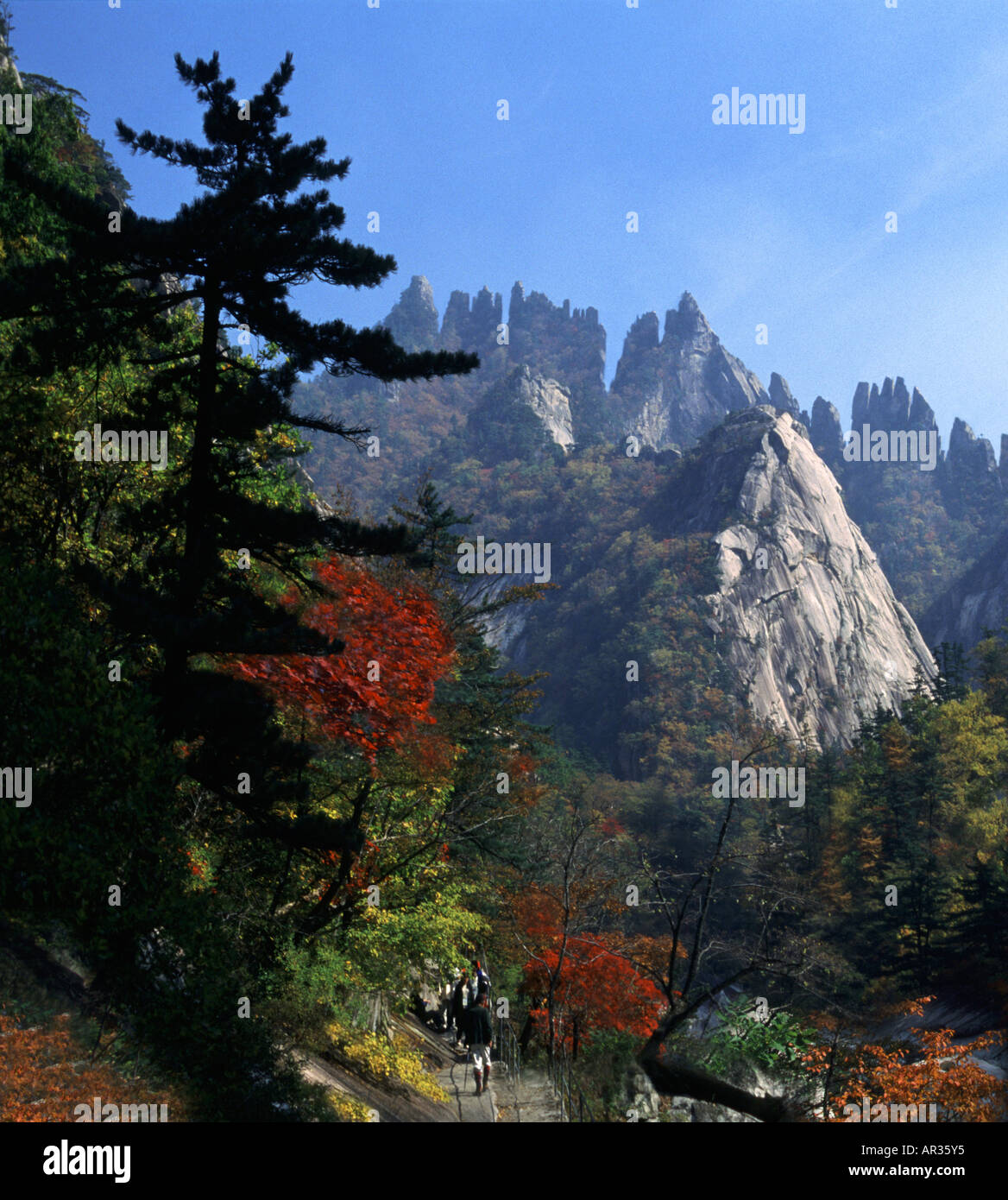 Gli escursionisti in montagna Kumgang in autunno, Kumgang-san, la Corea del Nord Asia Foto Stock
