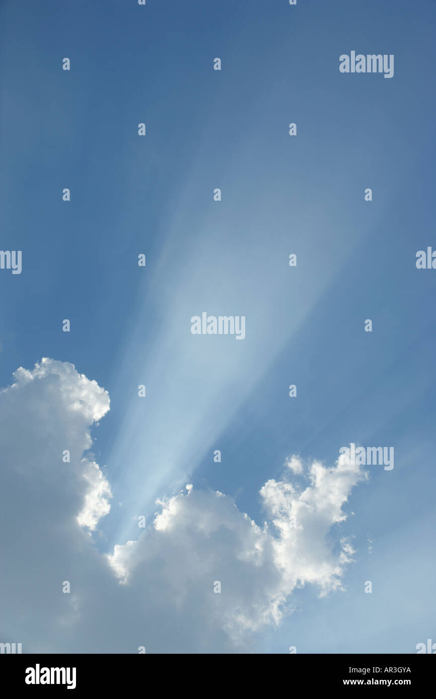 Albero della rottura di luce attraverso una nuvola in cielo blu Foto Stock